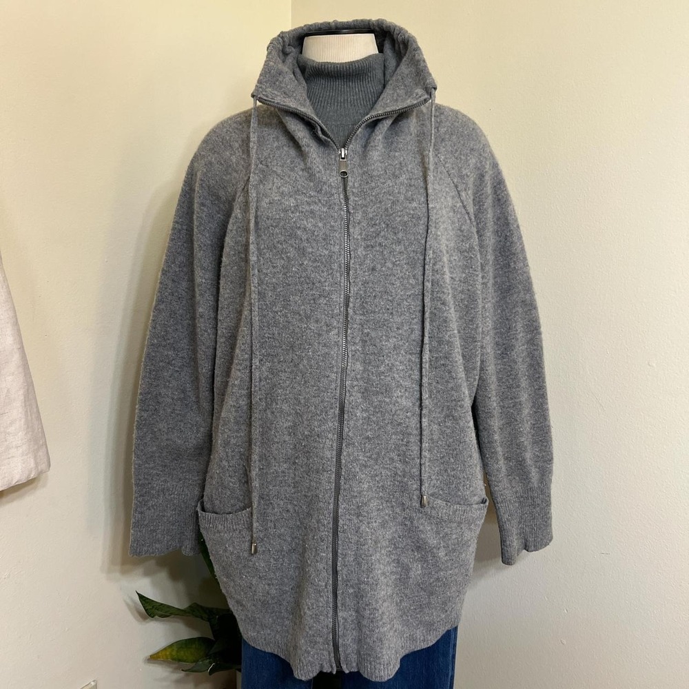 Ellen Tracy Gray 100% Wool Full Zip Funnel Neck Longline Cardigan Sweater Large